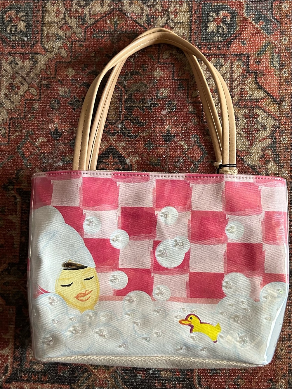 Y2K Rolfs Water Color Pink Check Bubble Bath Mini Tote Bag with Tan Handles